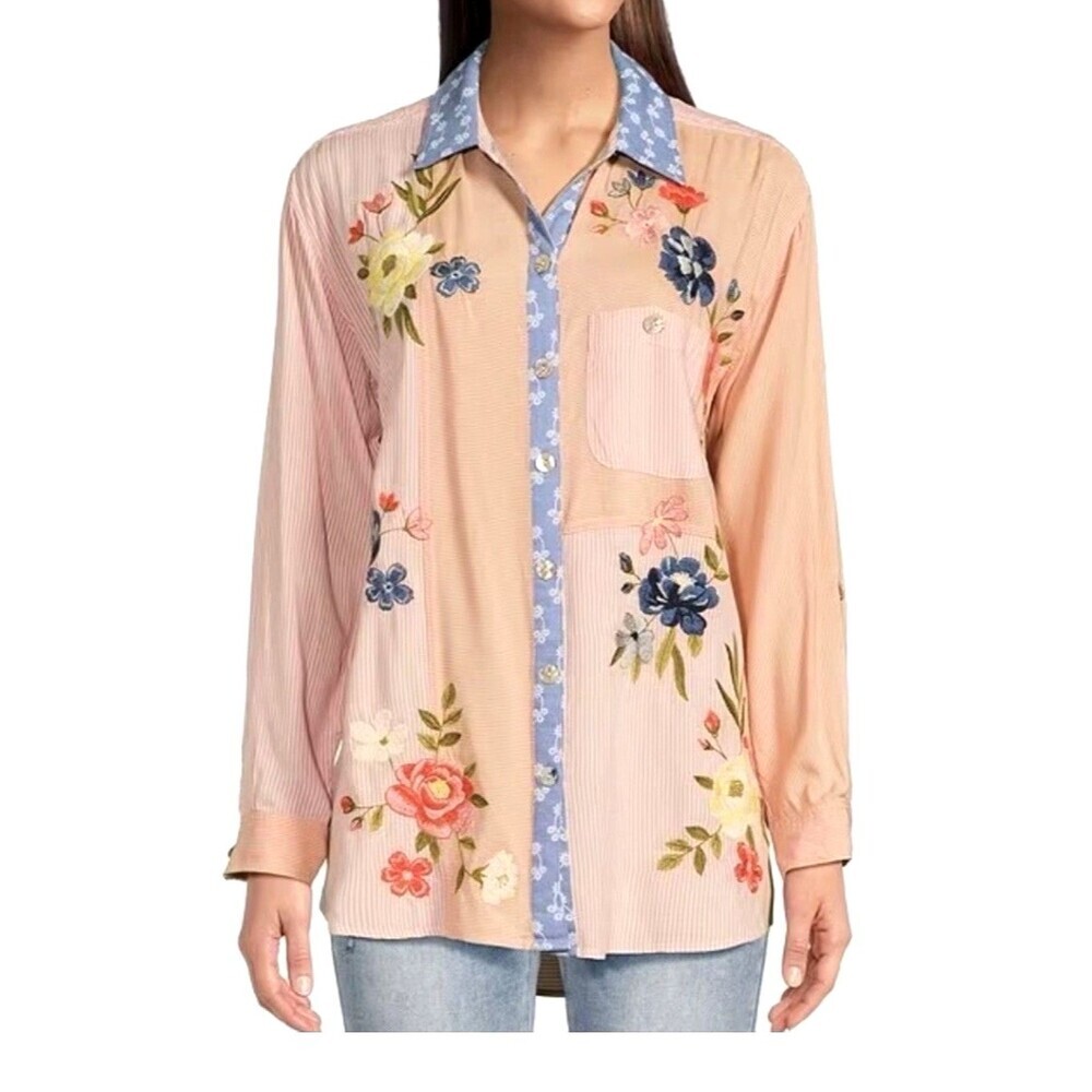 John Mark Embroidered Striped Blouse 1X Roll Tab Sleeve Patchwork Bottom Down